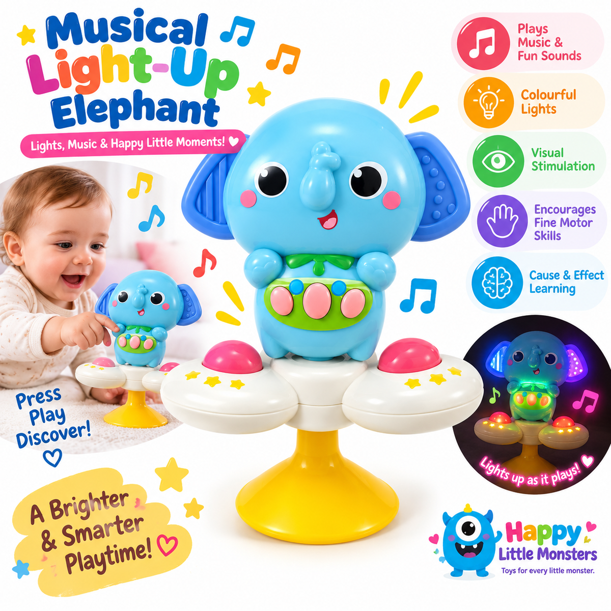 Musical Light-Up Suction Cup Elephant Toy