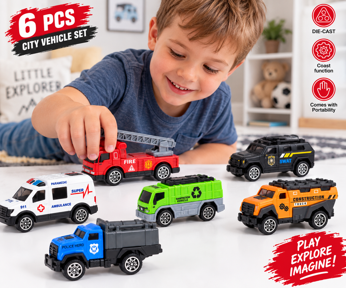 6-Piece Die-Cast City Vehicle Set 🚒🚑🚓