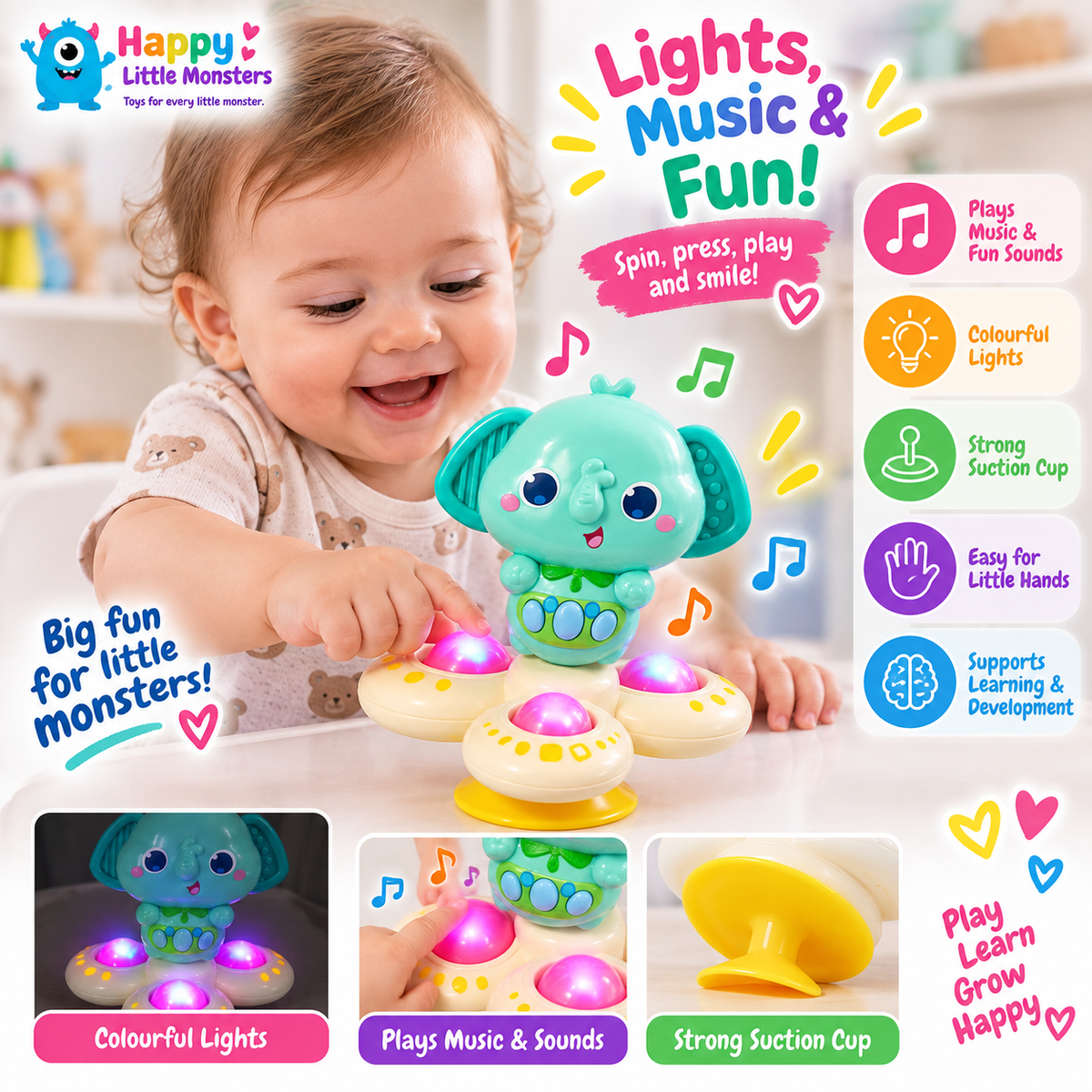 Musical Light-Up Suction Cup Elephant Toy