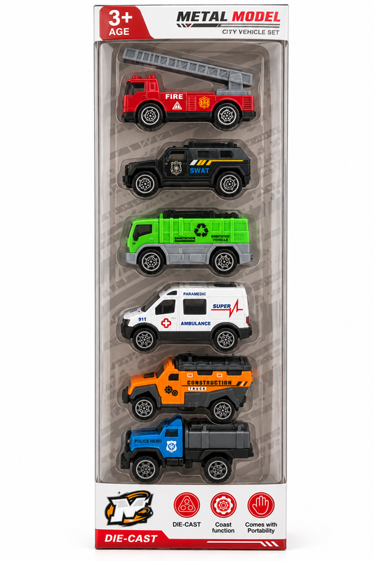 6-Piece Die-Cast City Vehicle Set 🚒🚑🚓